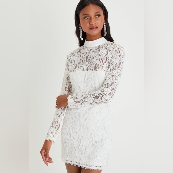 LULUS- White Lace Bodycon Mini Dress with Open Back and Sleeves - Picture 3 of 7